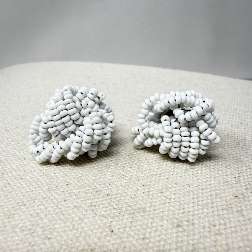 White Seed Bead Knot Earrings Vintage Screw Back Classic Retro Cluster Jewelry
